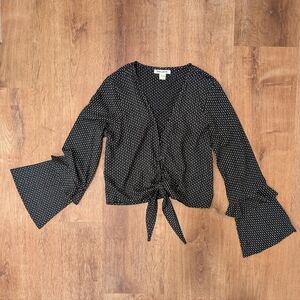 Billabong Boho Polka Dot Tie Front Crop Blouse w/ Bell Sleeves NWT Size M